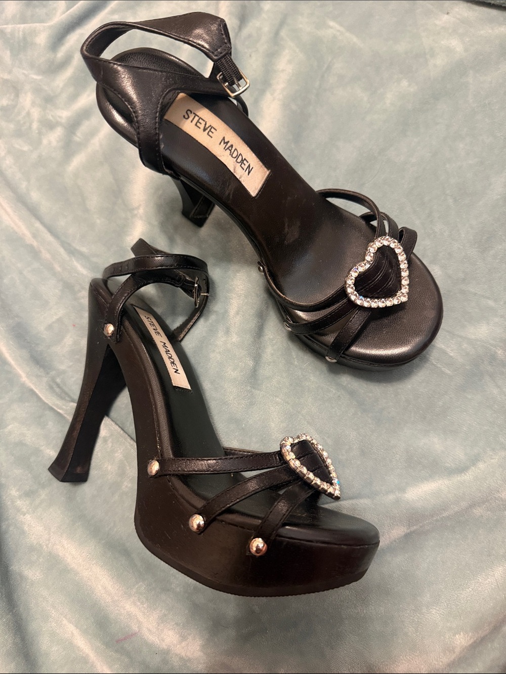 Rare Steve Madden Black Rhinestone Heart Ankle-Strap High Heels - Picture 2 of 2